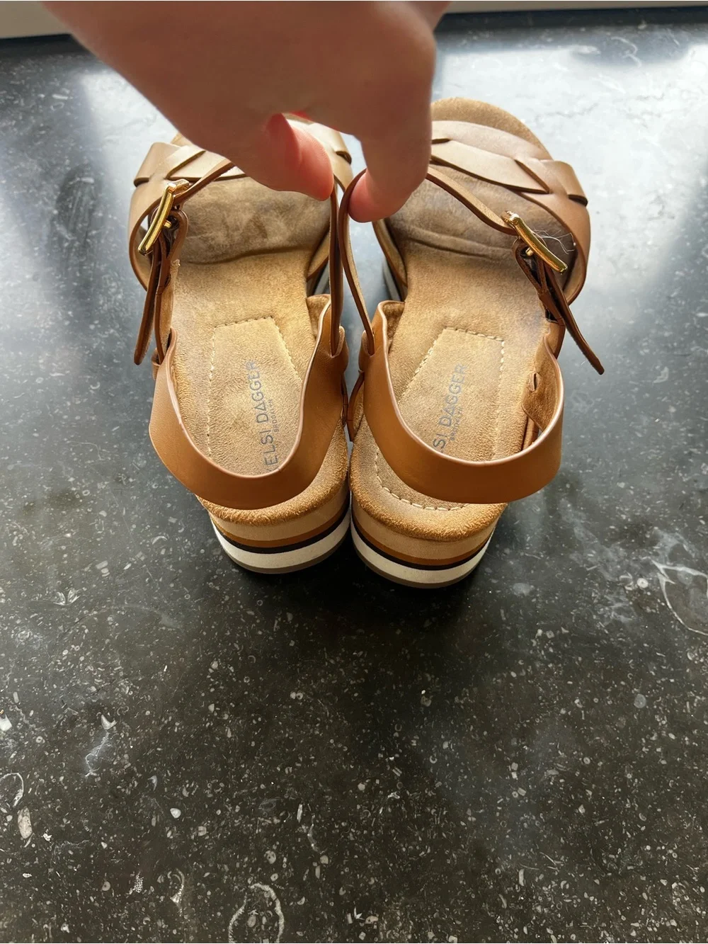 Kelsi Dagger Platform Sandals — Cognac Brown and White Striped Sole